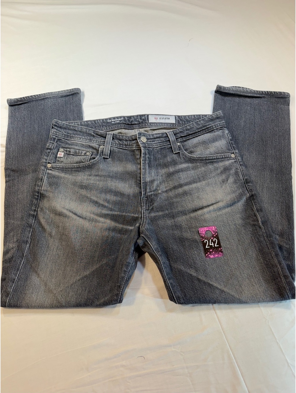 AG The Matchbox Slim Straight Jeans in Gray, Size 32